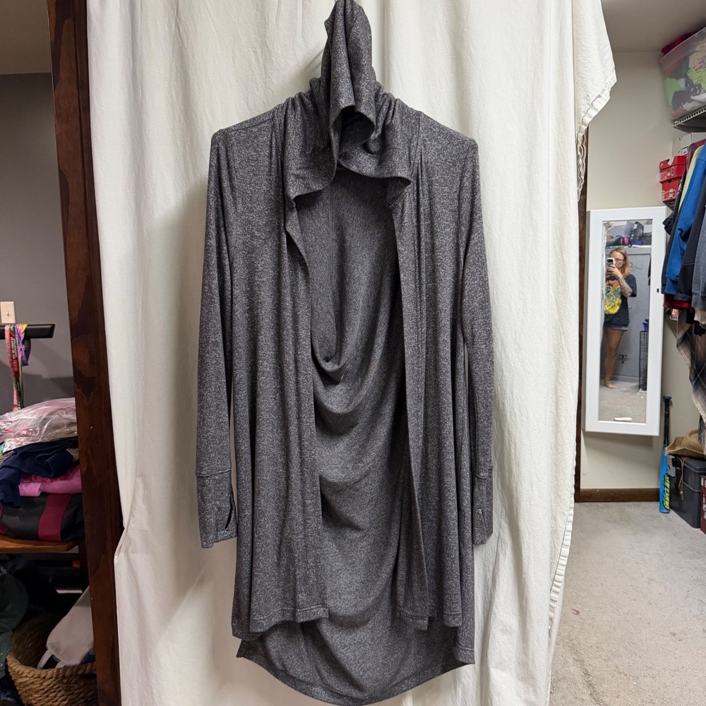 Athleta Pranayama Wrap Cardigan Charcoal Gray Heathered Hooded Thumbholes Small